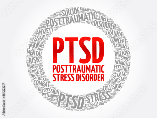 PTSD - Posttraumatic Stress Disorder word cloud collage, health concept background