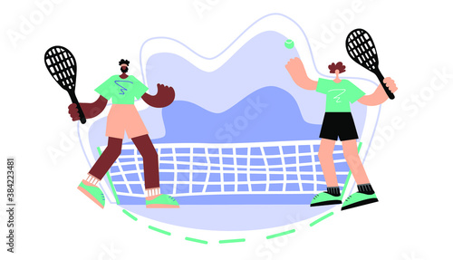 Illustration with two men tennis players in tennis court. Tennis match sport concept. Vector flat art.