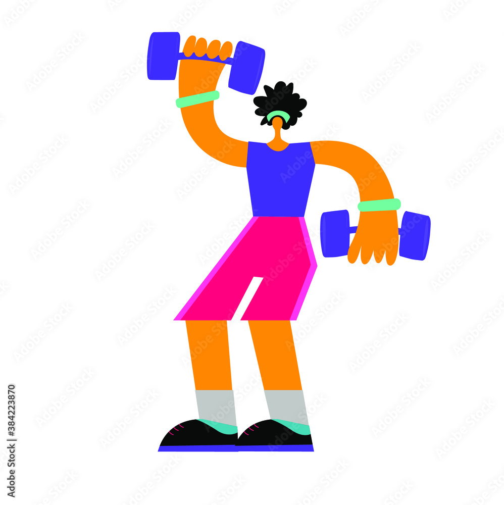 Cartoon flat man do sports, he hold dumbbells, fitness classes at home, online. Body positive concept on white background. Cartoon flat man do sports, he hold dumbbells, fitness classes at home, online. Body positive concept on white background.