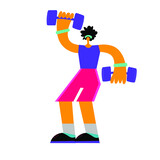 Cartoon flat man do sports, he hold dumbbells, fitness classes at home, online. Body positive concept on white background.