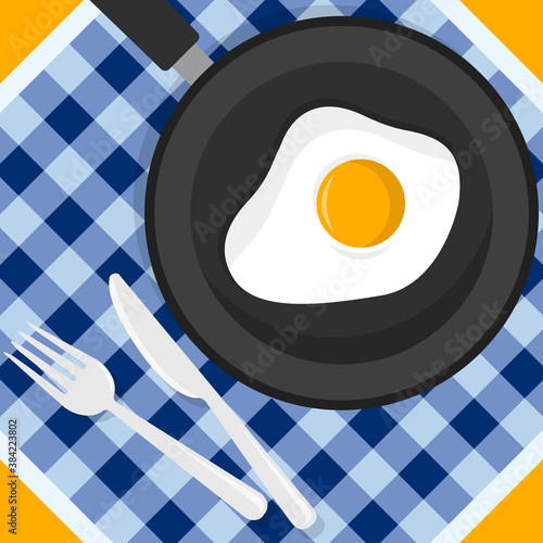 Fried eggs. Breakfast with eggs. Bake fried eggs in a frying pan. Fork and knife. Vector illustration. Flat style
