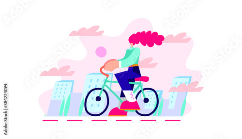 Cartoon young female bicyclist riding around city. Healthy lifestyle and rest on nature concept