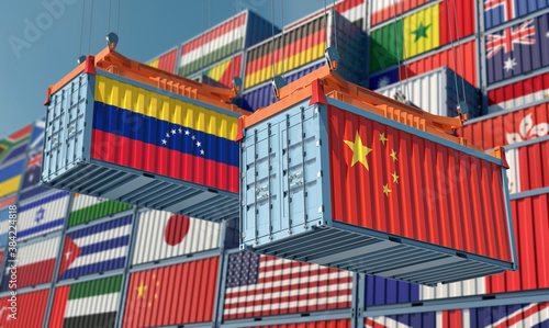 Freight containers with Venezuela and China national flags. 3D Rendering