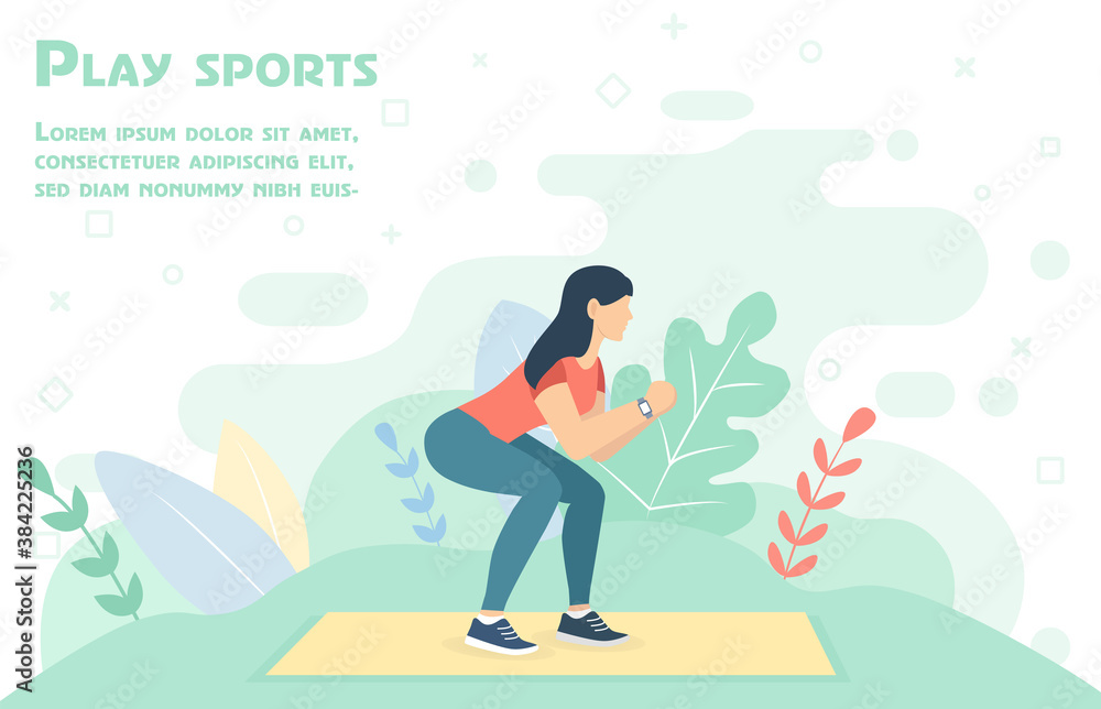 Obraz premium Outdoor sports. Healthy lifestyle. Squats. Girl go in for sports. People do exercises. Vector illustration in a flat style.Sport.Girl go in for sports. People doing exercise