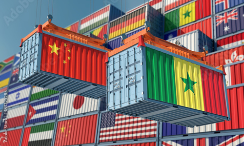 Freight containers with Senegal and China national flags. 3D Rendering