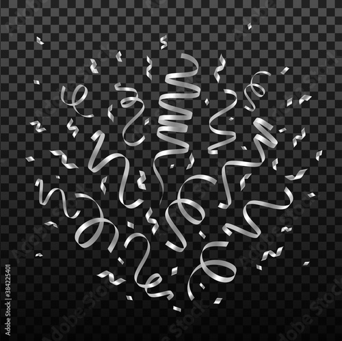 Falling shiny silver confetti and pieces of serpentine isolated on transparent background. Bright festive overlay effect with gray tinsels. Vector illustration.