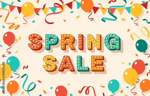Spring sale greeting card with retro typography design. Vector illustration. 3d colorful letters with vintage light bulbs. Streamers, confetti, balloons and hanging bunting.