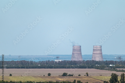 Принти на полотні Zaporizhzhia Nuclear Power Plant two big cooling factory pipes at a distance