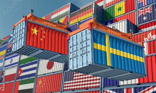 Freight containers with Sweden and China national flags. 3D Rendering
