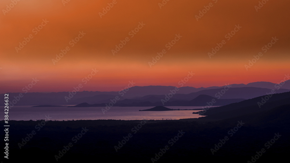 Abaya Lake in Nechisar National Park in Ethiopia at dawn.