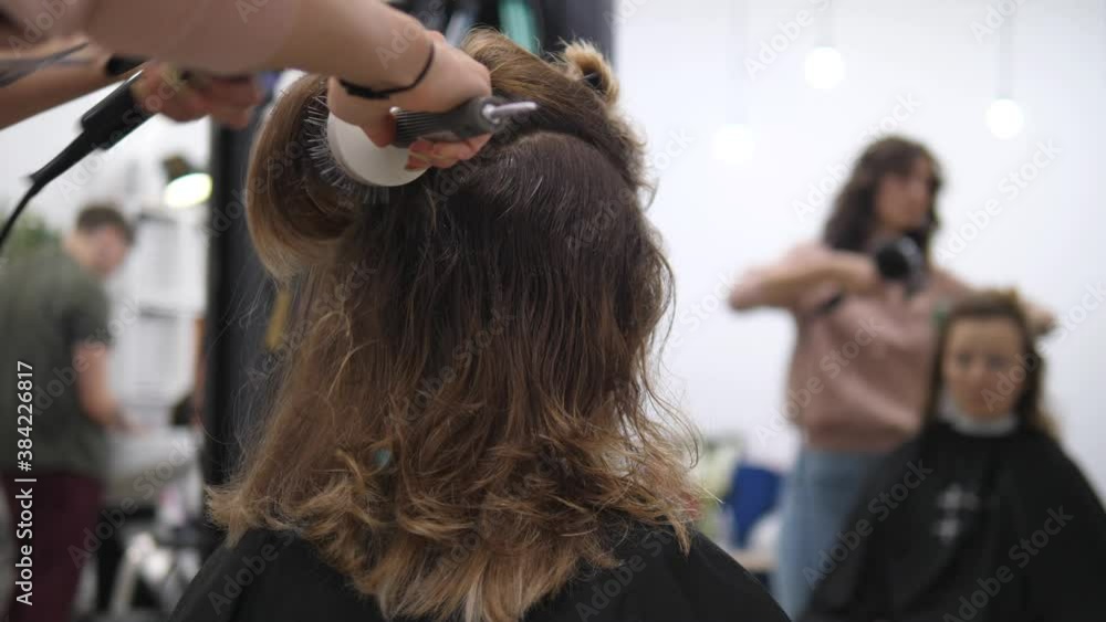 Back view of hairdresser dry blowing female costumer. Back view of hairdresser dry blowing female costumer.