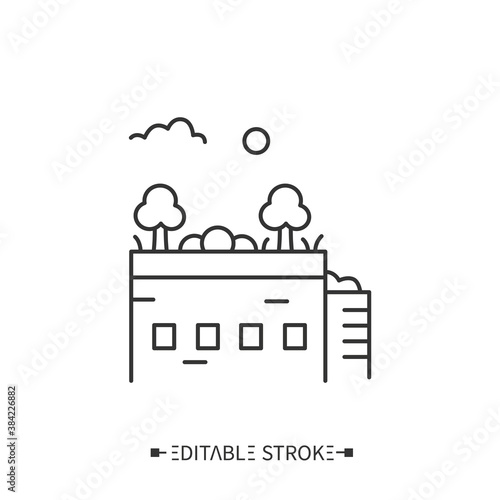 Green roof line icon. Modern garden, park, landscape on the skyscraper roof. Urban gardening, greening or agriculture. Eco city concept. Earth day. Isolated vector illustration. Editable stroke 