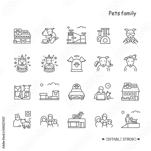Domestic pets care line icons set. Pets care services, goods, training, fashion and more. Home pets life and pet owners community concept. Isolated vector illustrations. Editable stroke 