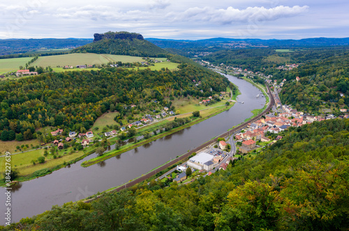 View from the fortress Königsstein to the Saxon Switzerland and the river Elbe. Extension of a 12th century castle to a fortress around 1589 and 1591/97 - Saxony Germany