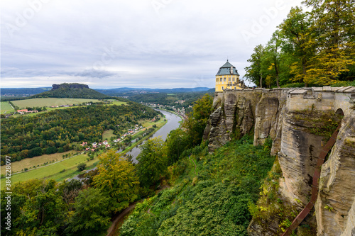 View from the fortress K  nigsstein to the Saxon Switzerland and the river Elbe. Extension of a 12th century castle to a fortress around 1589 and 1591 97 - Saxony Germany