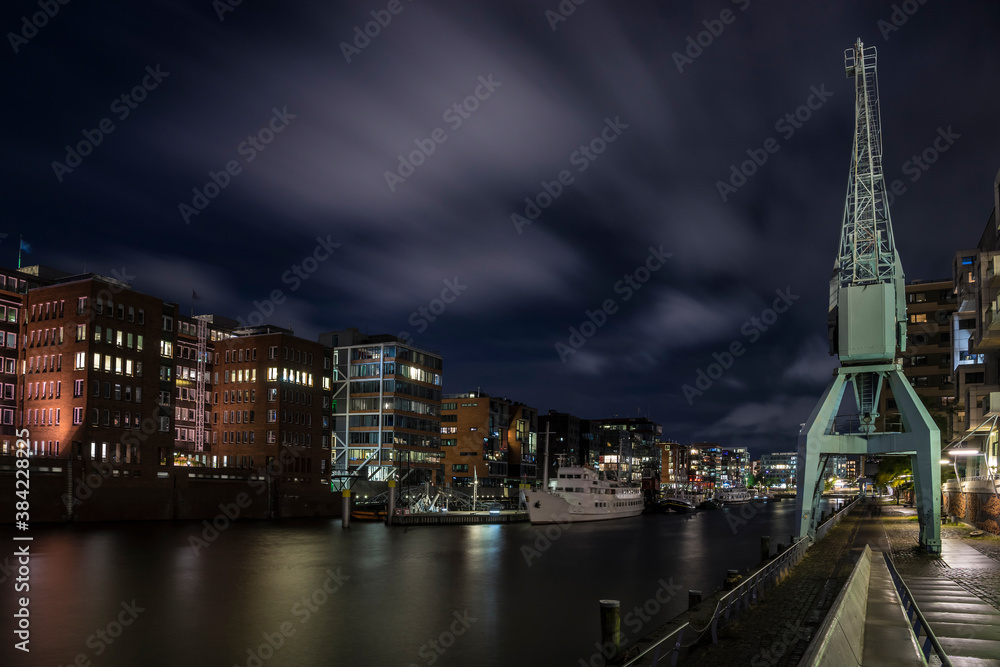 Night in the harbor area of Hamburg.