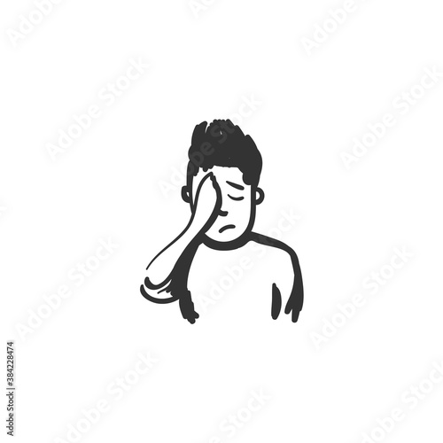 Shame feeling icon. Ashamed or disappointed man. Outline sketch drawing.Human emotions and feelings concept. Tiredness, headache, shyness expression. Isolated vector illustration