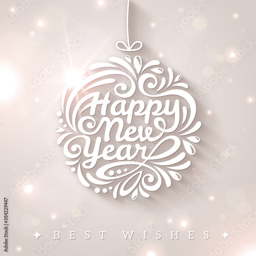 Happy New year typographic design. Calligraphic Christmas Tree Decoration. Vector illustration. Light snowy background with sparkles.