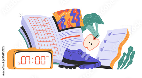 Healthy lifestyle habits concept, basic elements of daily routine, fresh food, dieting, fitness, reading book, vector illustration, isolated on white background