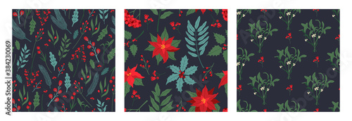 Set of three Christmas seamless pattern with poinsettia, holly berry, rowan branches. Festive plants in flat style, traditional modern ornate for New Year and xmas, decoration on dark blue background.