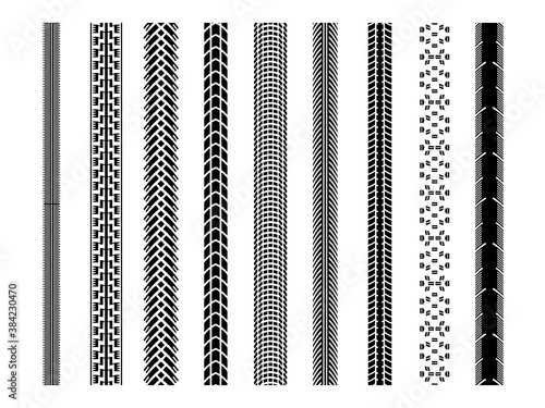 Bicycle tire tread vector brushes, bike tire ground imprints isolated, bicycle or motorcycle wheel treads, cycling themed design elements