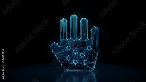 3d rendering 4k fly through wireframe neon glowing symbol of allergic reaction on hand with bright dots on dark background with blured reflection on floor
