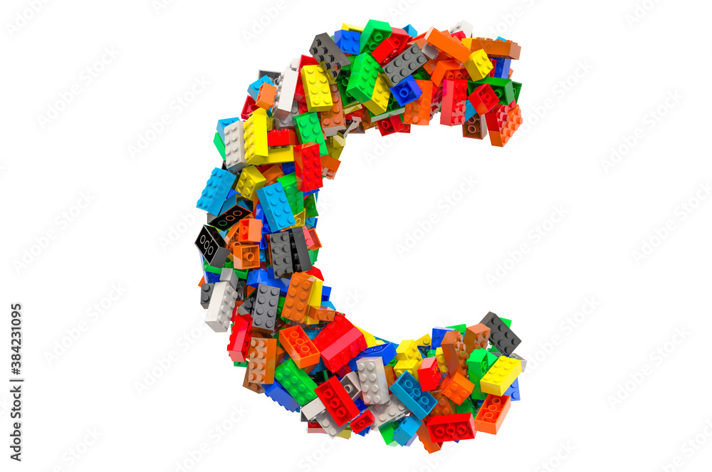 Letter C from colored plastic building blocks, 3D rendering