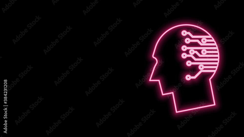 Glowing neon line Human brain as digital circuit board icon isolated on black background. Artificial Intelligence. Human head outline with circuit lines inside. 4K Video motion graphic animation Glowing neon line Human brain as digital circuit board icon isolated on black background. Artificial Intelligence. Human head outline with circuit lines inside. 4K Video motion graphic animation