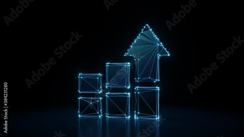 3d rendering 4k fly through wireframe neon glowing symbol of bar chart with three columns and arrow with bright dots on dark background with blured reflection on floor