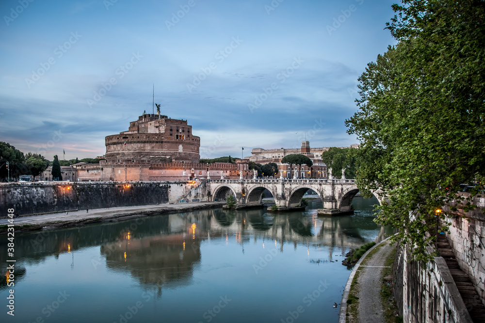 Castel Sant'angelo and the bridge of Sant'angelo across the Tiber in Rome on a may evening. Rome, Lazio, Italy