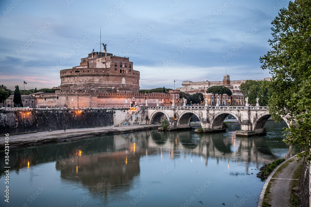 Castel Sant'angelo and the bridge of Sant'angelo across the Tiber in Rome on a may evening. Rome, Lazio, Italy