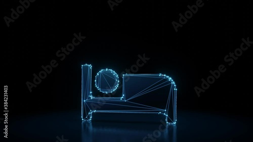 3d rendering 4k fly through wireframe neon glowing symbol of bed with person inside with bright dots on dark background with blured reflection on floor