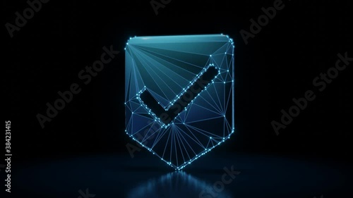 3d rendering 4k fly through wireframe neon glowing symbol of been here marker with ok sign with bright dots on dark background with blured reflection on floor