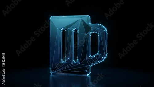 3d rendering 4k fly through wireframe neon glowing symbol of glass of beer with bright dots on dark background with blured reflection on floor