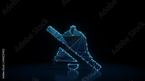 3d rendering 4k fly through wireframe neon glowing symbol of bell slash with bright dots on dark background with blured reflection on floor