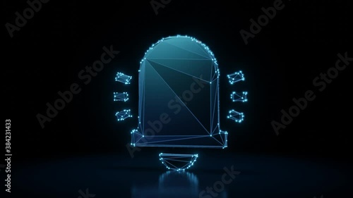 3d rendering 4k fly through wireframe neon glowing symbol of bell with sound waves with bright dots on dark background with blured reflection on floor