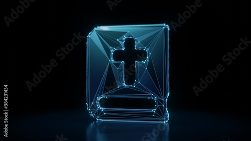 3d rendering 4k fly through wireframe neon glowing symbol of bible with bright dots on dark background with blured reflection on floor
