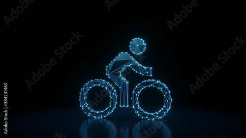 3d rendering 4k fly through wireframe neon glowing symbol of bike with rider with bright dots on dark background with blured reflection on floor