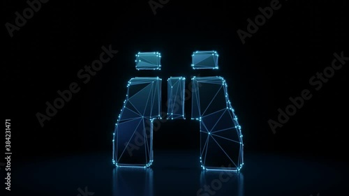3d rendering 4k fly through wireframe neon glowing symbol of binoculars with bright dots on dark background with blured reflection on floor