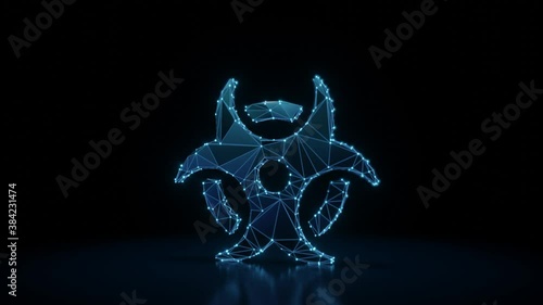 3d rendering 4k fly through wireframe neon glowing symbol of biohazard sign with bright dots on dark background with blured reflection on floor