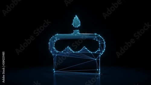 3d rendering 4k fly through wireframe neon glowing symbol of birthday cake with candle and topping with bright dots on dark background with blured reflection on floor