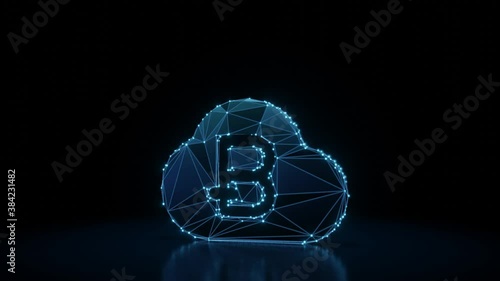 3d rendering 4k fly through wireframe neon glowing symbol of bitcoin in cloud with bright dots on dark background with blured reflection on floor