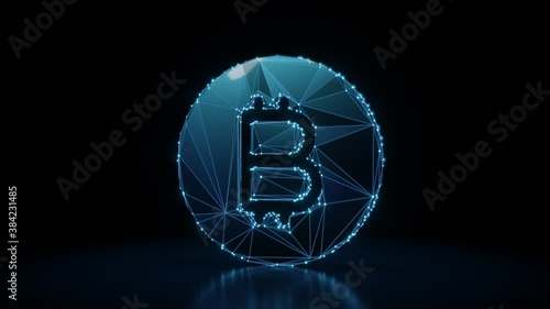 3d rendering 4k fly through wireframe neon glowing symbol of bitcoin as coin with bright dots on dark background with blured reflection on floor