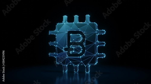 3d rendering 4k fly through wireframe neon glowing symbol of bitcoin as computer chip with bright dots on dark background with blured reflection on floor