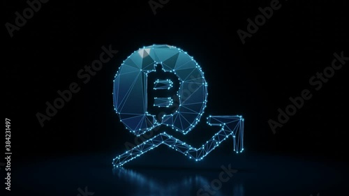 3d rendering 4k fly through wireframe neon glowing symbol of bitcoin with growing trend with bright dots on dark background with blured reflection on floor