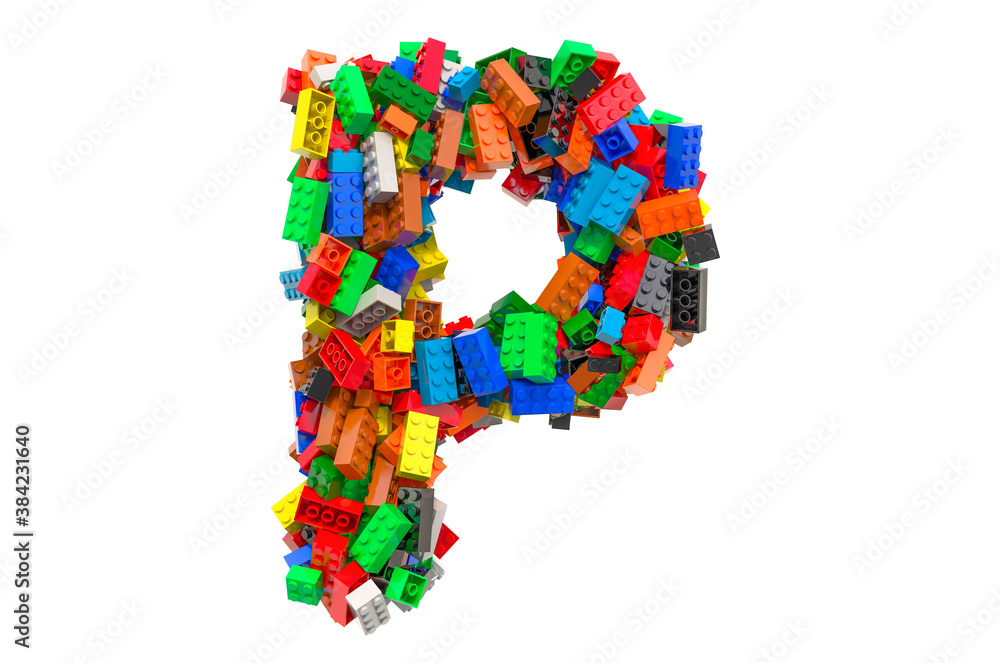 Letter P from colored plastic building blocks, 3D rendering