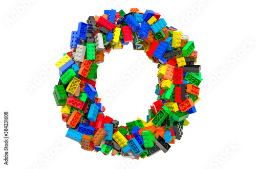 Letter O from colored plastic building blocks, 3D rendering