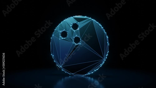 3d rendering 4k fly through wireframe neon glowing symbol of bowling ball with bright dots on dark background with blured reflection on floor