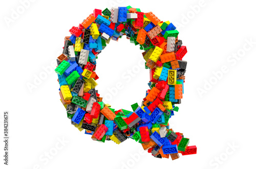 Letter Q from colored plastic building blocks, 3D rendering