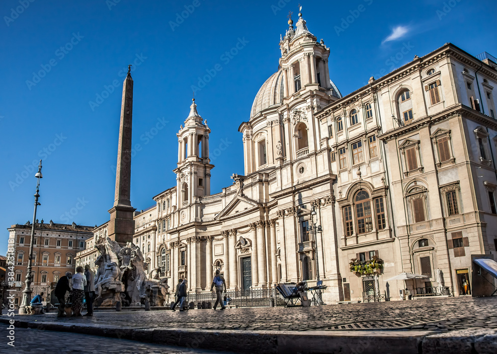 Navona square, St. Agnes Church and the fountain of the Four rivers in Rome on a Sunny may morning. Rome, Lazio, Italy
